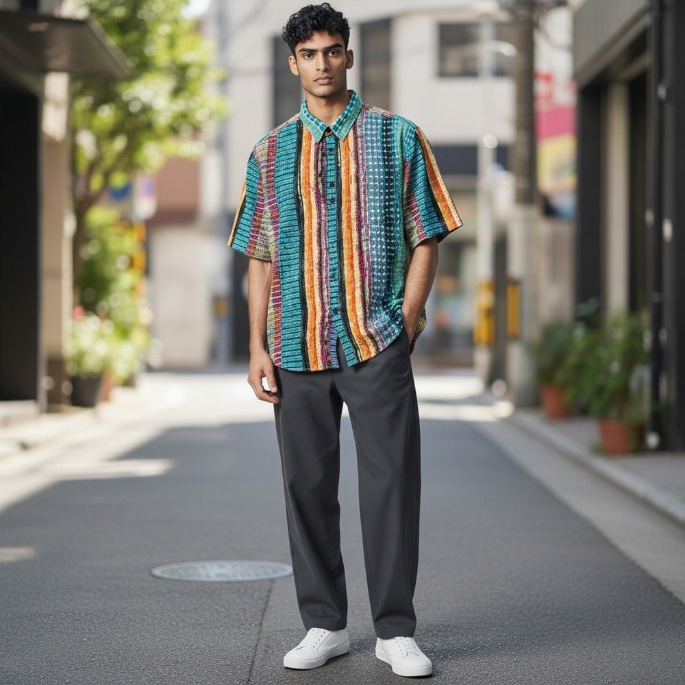 VatPave‎ Button Down Shirt XL Multicolor Stripe Geometric Short Sleeve Casual